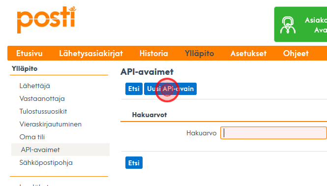 Klikkaa Uusi API-avain