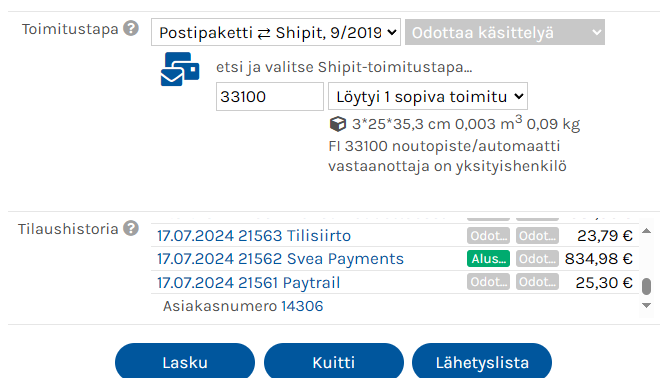 Shipit, noutopistehaku hallintaliittymässä